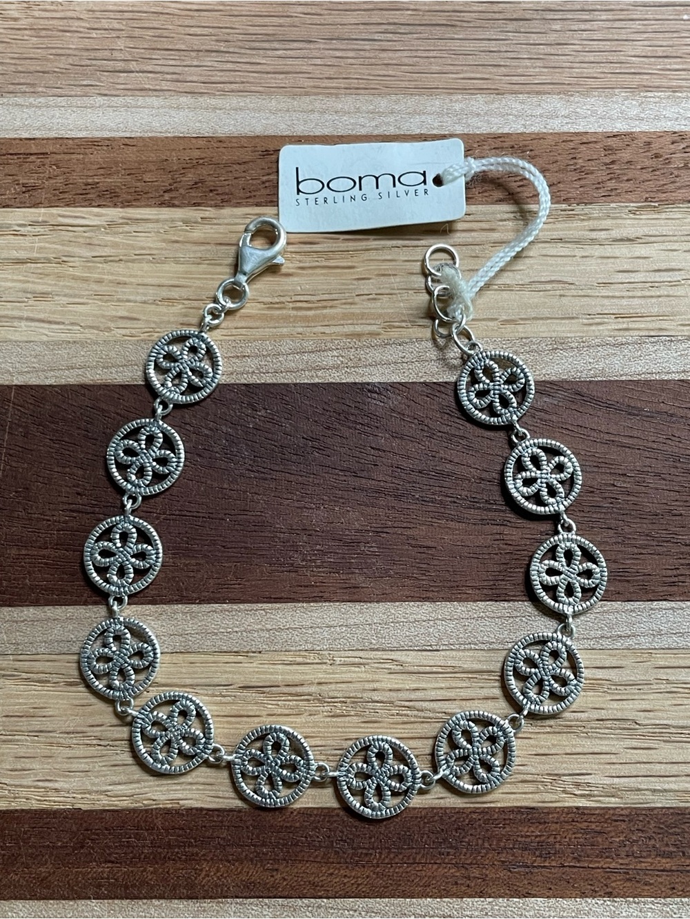Boma Bracelet stamped 925 silver NWT /barcode/ 8.3gms 7.5” length floral design